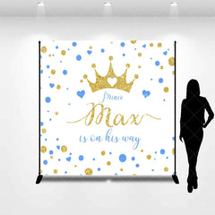 Lofaris Custom Gold Glitter Prince Baby Shower Backdrop with Blue Hearts Gender Reveal Decor