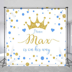Lofaris Custom Gold Glitter Prince Baby Shower Backdrop with Blue Hearts Gender Reveal Decor