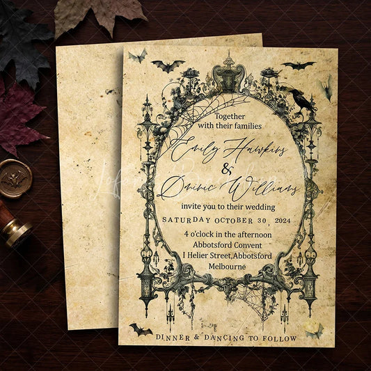 Lofaris Custom Gothic Set of 20 Halloween Wedding Invitation with Vintage Ornate Frame Personalized Spiderweb and Bat Design