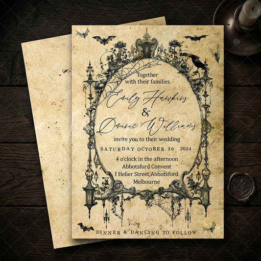 Lofaris Custom Gothic Set of 20 Halloween Wedding Invitation with Vintage Ornate Frame Personalized Spiderweb and Bat Design