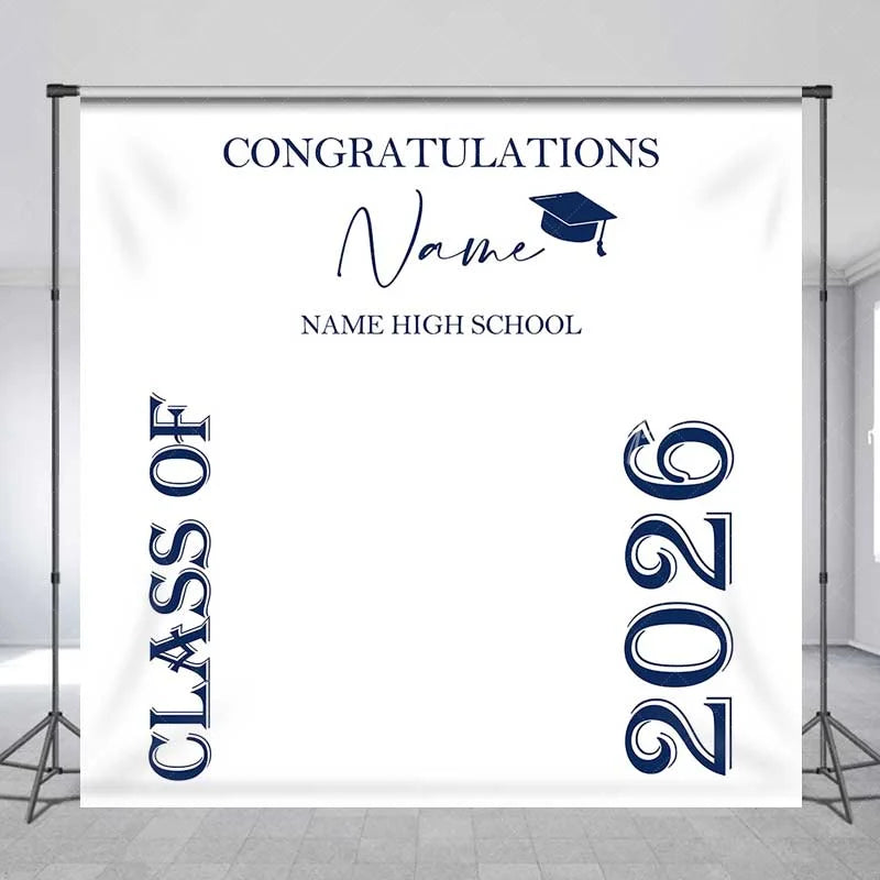 Lofaris Custom Graduation Backdrop Class of 2026 Navy Blue Text Minimalist School Sign
