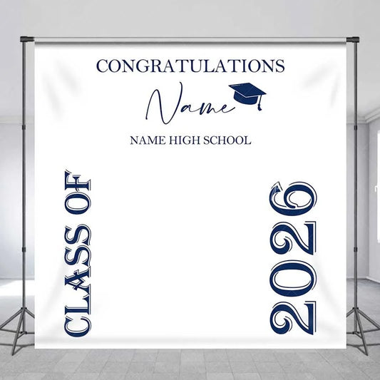 Lofaris Custom Graduation Backdrop Class of 2026 Navy Blue Text Minimalist School Sign