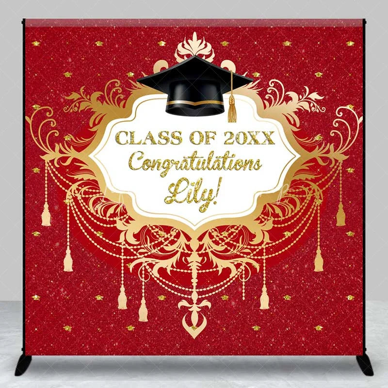 Lofaris Custom Graduation Backdrop Red Glitter Personalize Name Gold Frame Class of 20XX Background Prom Party Prop