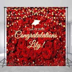 Lofaris Custom Graduation Backdrop Red Roses Personalize Name Floral Wall String Lights Background Prom Party Decoration