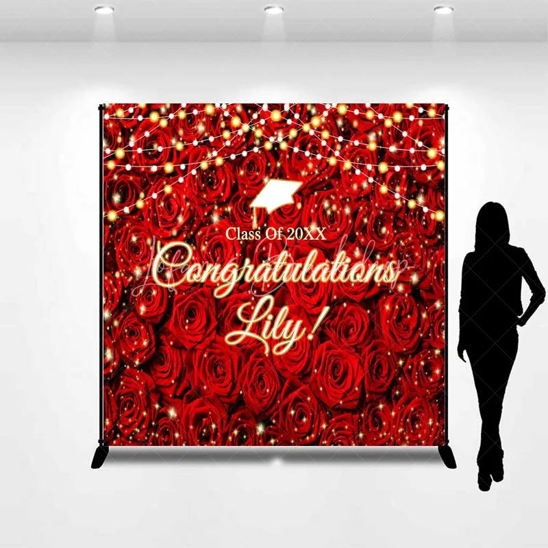 Lofaris Custom Graduation Backdrop Red Roses Personalize Name Floral Wall String Lights Background Prom Party Decoration
