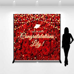 Lofaris Custom Graduation Backdrop Red Roses Personalize Name Floral Wall String Lights Background Prom Party Decoration