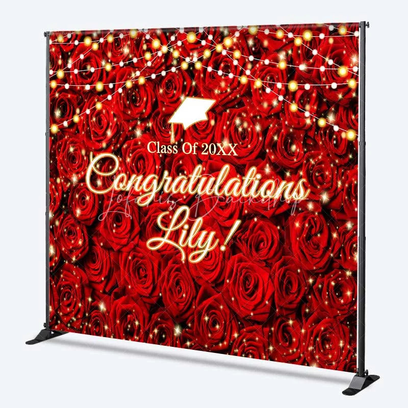 Lofaris Custom Graduation Backdrop Red Roses Personalize Name Floral Wall String Lights Background Prom Party Decoration