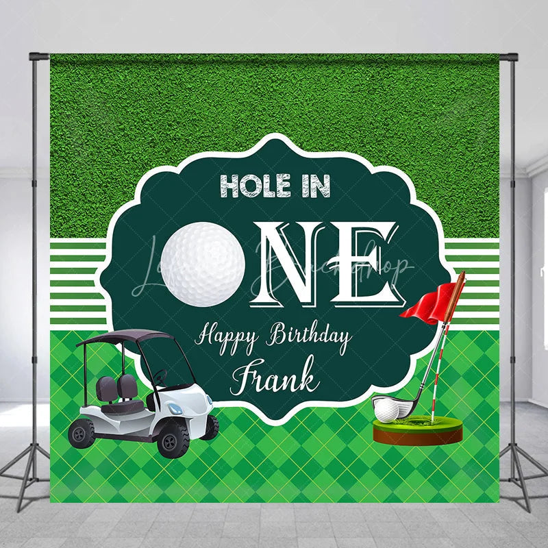 Lofaris Custom Green Golf Hole in One Happy Birthday Backdrop with Cart and Red Flag Sports Theme Party Decor