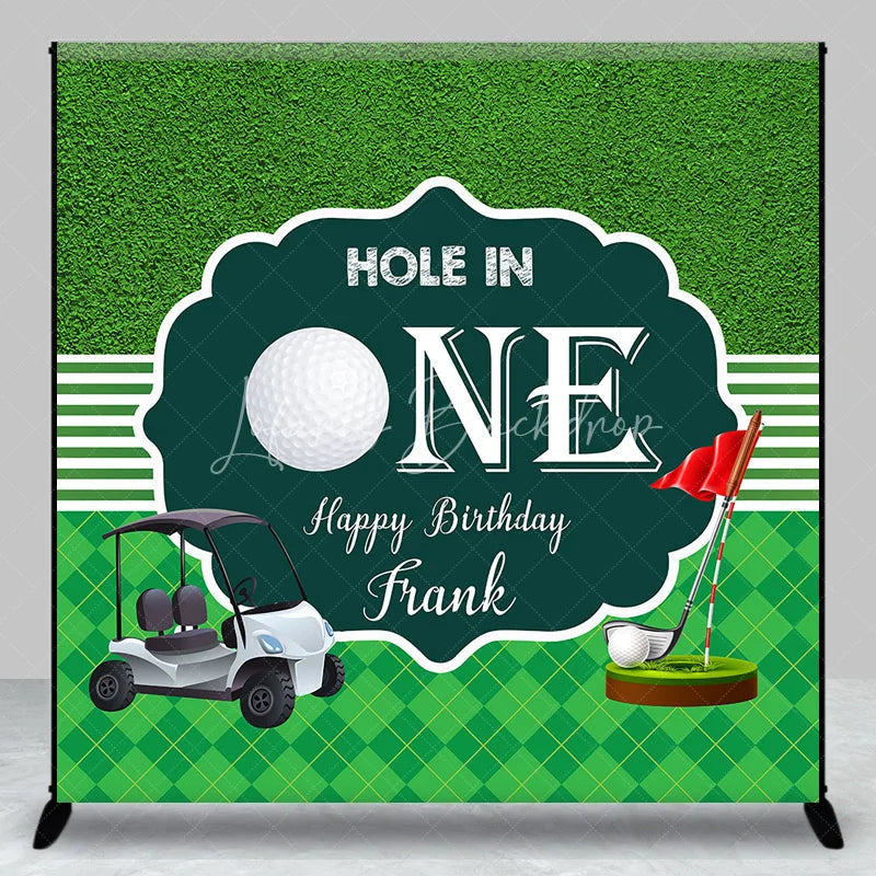 Lofaris Custom Green Golf Hole in One Happy Birthday Backdrop with Cart and Red Flag Sports Theme Party Decor