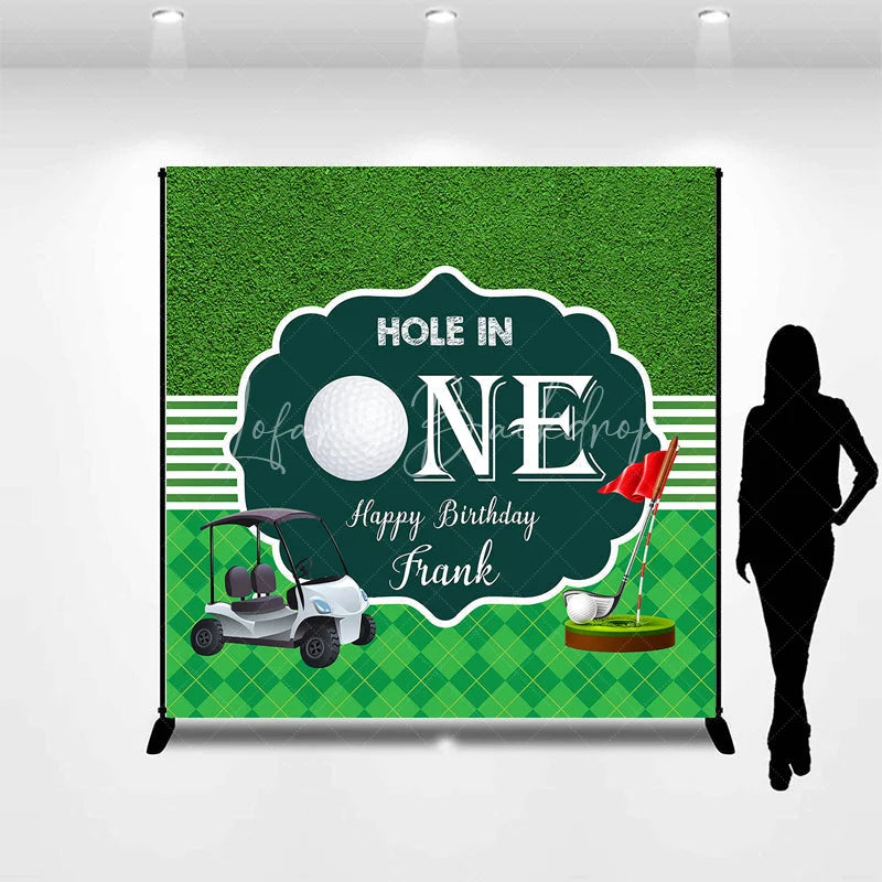 Lofaris Custom Green Golf Hole in One Happy Birthday Backdrop with Cart and Red Flag Sports Theme Party Decor