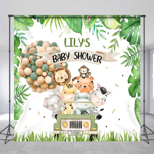 Lofaris Custom Green Jungle Safari Animals Baby Shower Backdrop Cute Watercolor Jeep and Balloon Decor