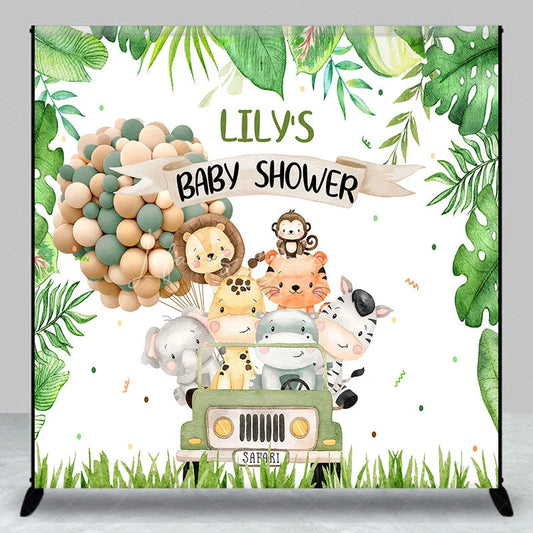 Lofaris Custom Green Jungle Safari Animals Baby Shower Backdrop Cute Watercolor Jeep and Balloon Decor