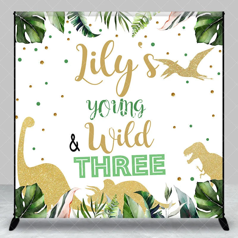 Lofaris Custom Jungle Dinosaur Young and Wild Three Birthday Backdrop Personalized Green Tropical Leaves Glitter Party Decor