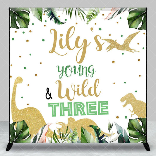Lofaris Custom Jungle Dinosaur Young and Wild Three Birthday Backdrop Personalized Green Tropical Leaves Glitter Party Decor