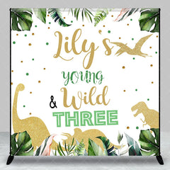 Lofaris Custom Jungle Dinosaur Young and Wild Three Birthday Backdrop Personalized Green Tropical Leaves Glitter Party Decor
