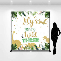 Lofaris Custom Jungle Dinosaur Young and Wild Three Birthday Backdrop Personalized Green Tropical Leaves Glitter Party Decor