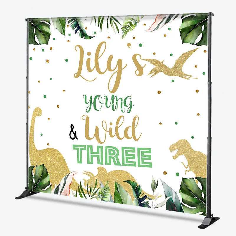 Lofaris Custom Jungle Dinosaur Young and Wild Three Birthday Backdrop Personalized Green Tropical Leaves Glitter Party Decor