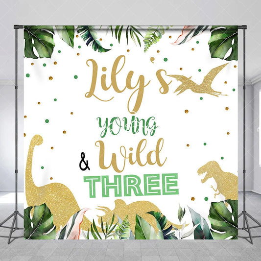 Lofaris Custom Jungle Dinosaur Young and Wild Three Birthday Backdrop Personalized Green Tropical Leaves Glitter Party Decor