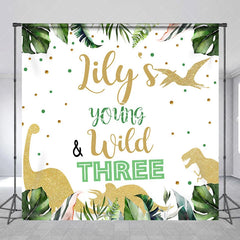 Lofaris Custom Jungle Dinosaur Young and Wild Three Birthday Backdrop Personalized Green Tropical Leaves Glitter Party Decor