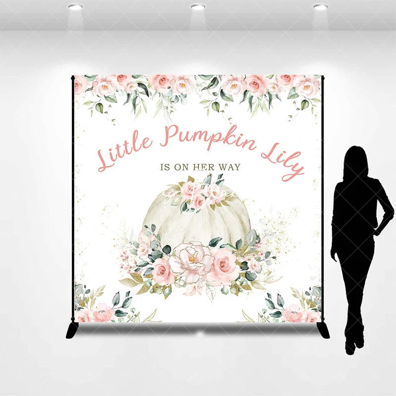 Lofaris Custom Little Pumpkin Baby Shower Backdrop Pink Floral Eucalyptus Gold Glitter Personalized Design