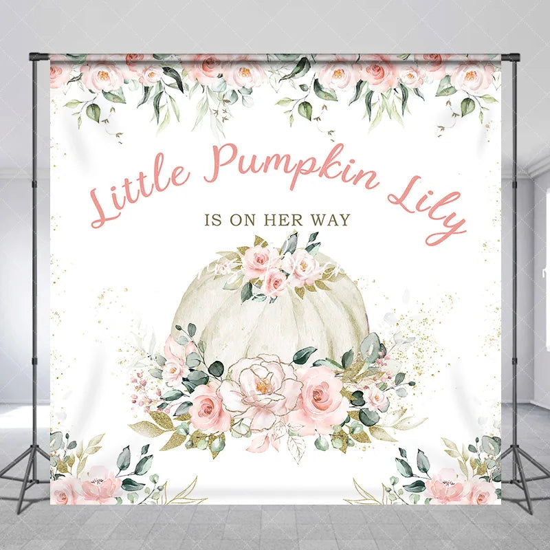 Lofaris Custom Little Pumpkin Baby Shower Backdrop Pink Floral Eucalyptus Gold Glitter Personalized Design