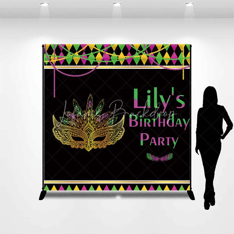 Lofaris Custom Mardi Gras Masquerade Mask Birthday Party Backdrop Personalized Green Purple and Gold Feather Design