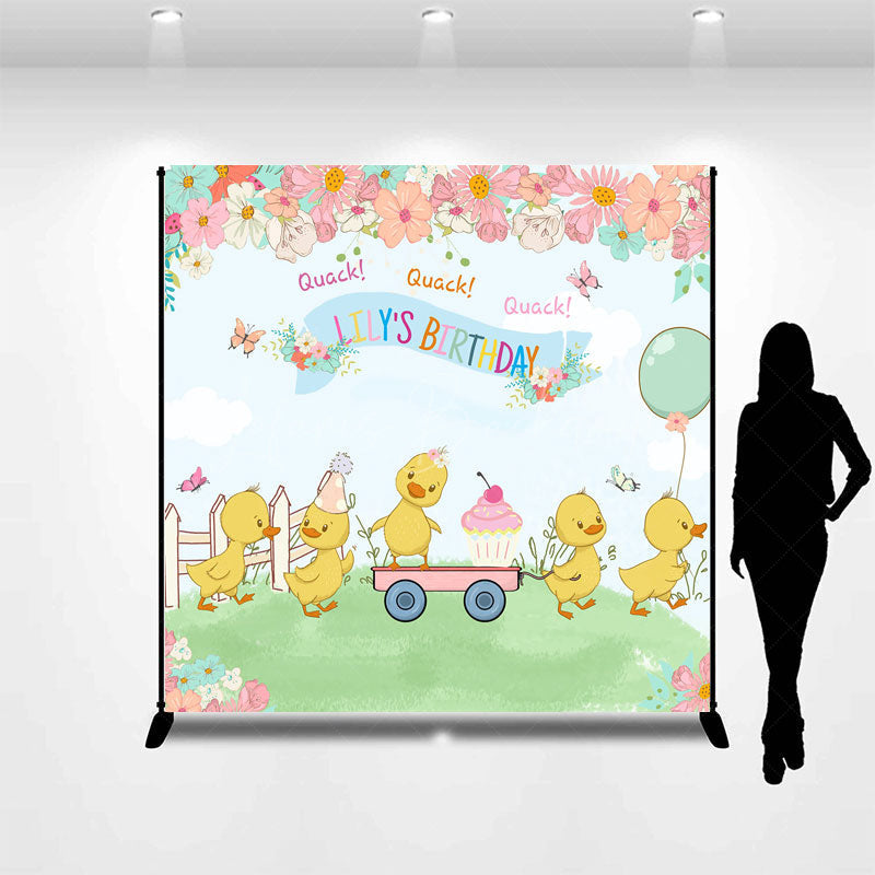 Lofaris Custom Name Happy Birthday Backdrop Cute Duck and Floral Garden Party Personalized Spring Themed Photo Prop