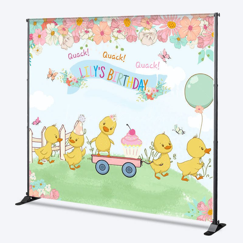 Lofaris Custom Name Happy Birthday Backdrop Cute Duck and Floral Garden Party Personalized Spring Themed Photo Prop