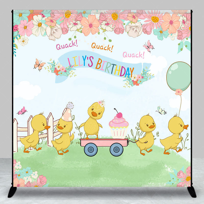 Lofaris Custom Name Happy Birthday Backdrop Cute Duck and Floral Garden Party Personalized Spring Themed Photo Prop