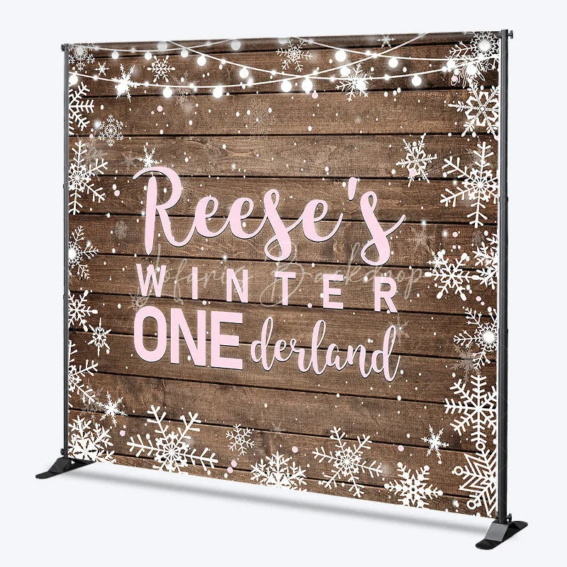 Lofaris Custom Name Winter ONE derland First Birthday Backdrop Rustic Wooden Snowflakes and String Lights Decor