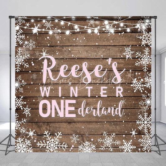 Lofaris Custom Name Winter ONE derland First Birthday Backdrop Rustic Wooden Snowflakes and String Lights Decor