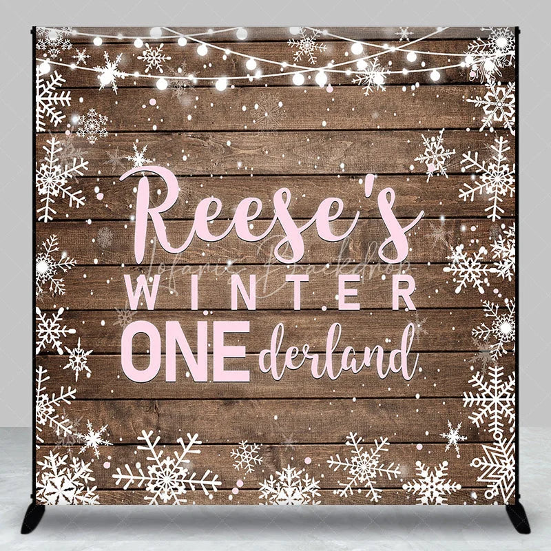 Lofaris Custom Name Winter ONE derland First Birthday Backdrop Rustic Wooden Snowflakes and String Lights Decor