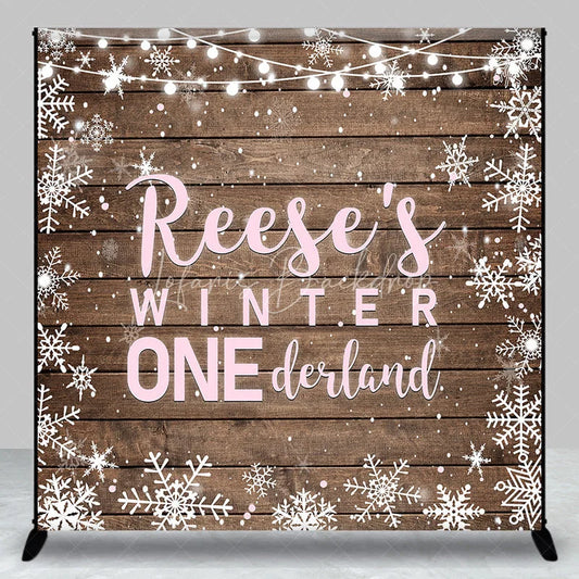 Lofaris Custom Name Winter ONE derland First Birthday Backdrop Rustic Wooden Snowflakes and String Lights Decor