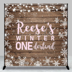 Lofaris Custom Name Winter ONE derland First Birthday Backdrop Rustic Wooden Snowflakes and String Lights Decor