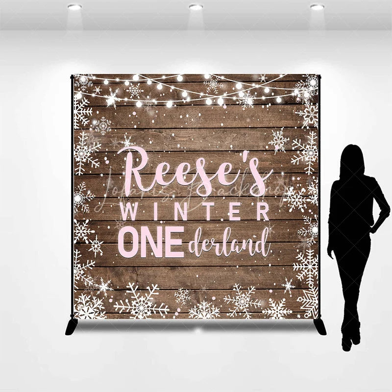 Lofaris Custom Name Winter ONE derland First Birthday Backdrop Rustic Wooden Snowflakes and String Lights Decor