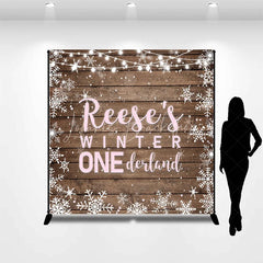 Lofaris Custom Name Winter ONE derland First Birthday Backdrop Rustic Wooden Snowflakes and String Lights Decor