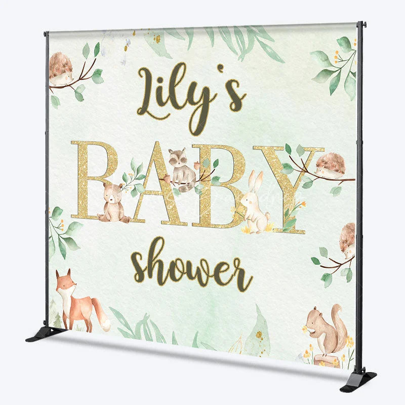 Lofaris Custom Name Woodland Animals Baby Shower Backdrop Green Leaves and Gold Glitter Decor