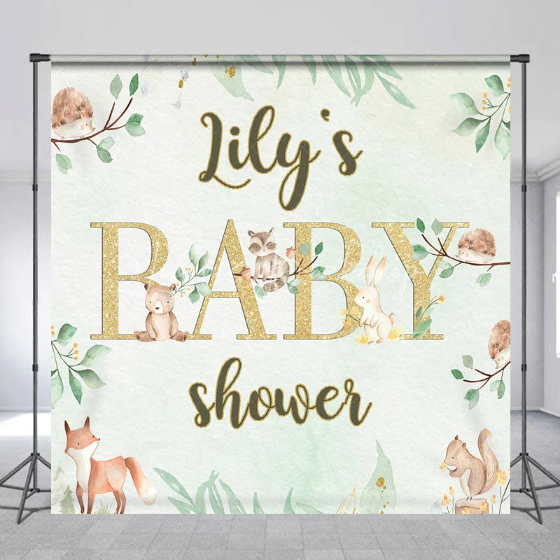 Lofaris Custom Name Woodland Animals Baby Shower Backdrop Green Leaves and Gold Glitter Decor