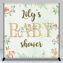 Lofaris Custom Name Woodland Animals Baby Shower Backdrop Green Leaves and Gold Glitter Decor