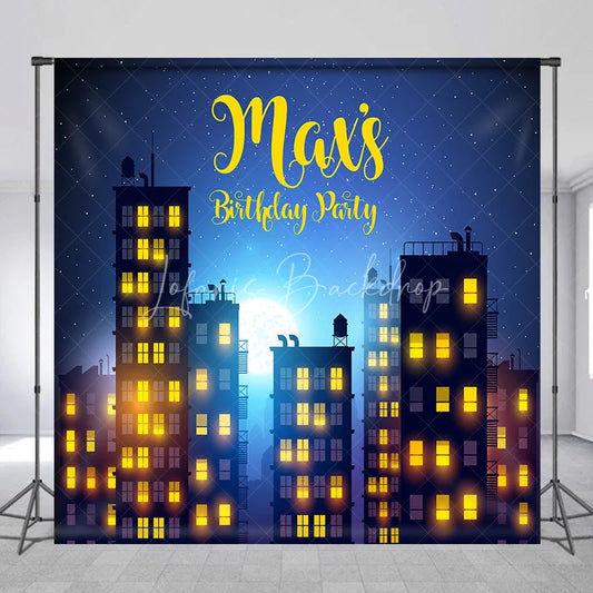 Lofaris Custom Night City Skyline Birthday Party Backdrop with Full Moon and Stars Personalized Urban Theme Decor