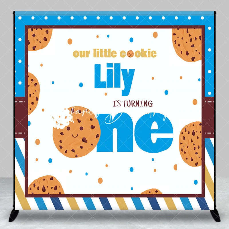 Lofaris Custom Our Little Cookie First Birthday Backdrop Personalized Blue and Brown Stripes Polka Dots Party Decor
