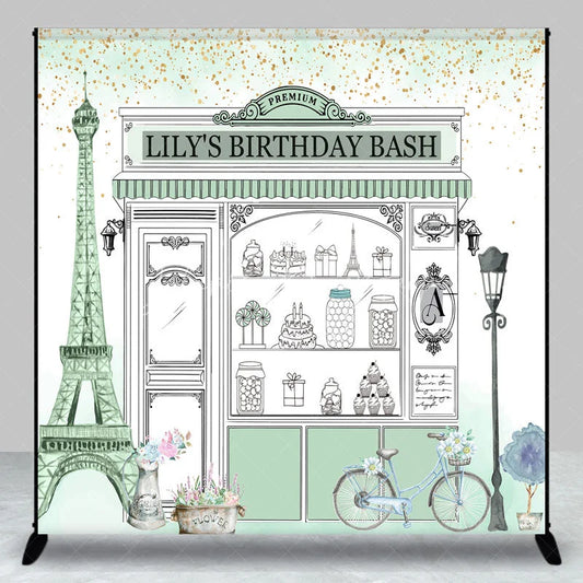 Lofaris Custom Parisian Storefront Birthday Backdrop Sweet Treats and Gold Glitter Party Decor