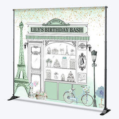 Lofaris Custom Parisian Storefront Birthday Backdrop Sweet Treats and Gold Glitter Party Decor