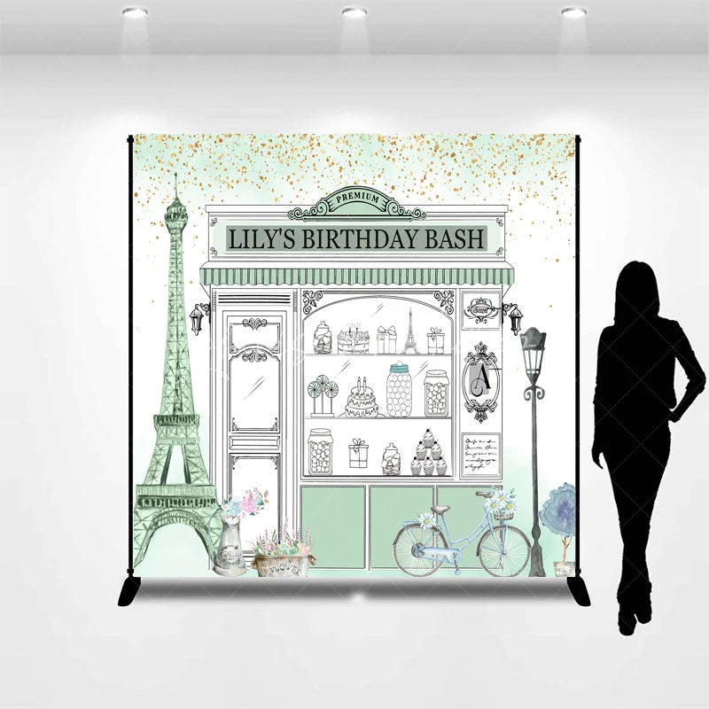 Lofaris Custom Parisian Storefront Birthday Backdrop Sweet Treats and Gold Glitter Party Decor