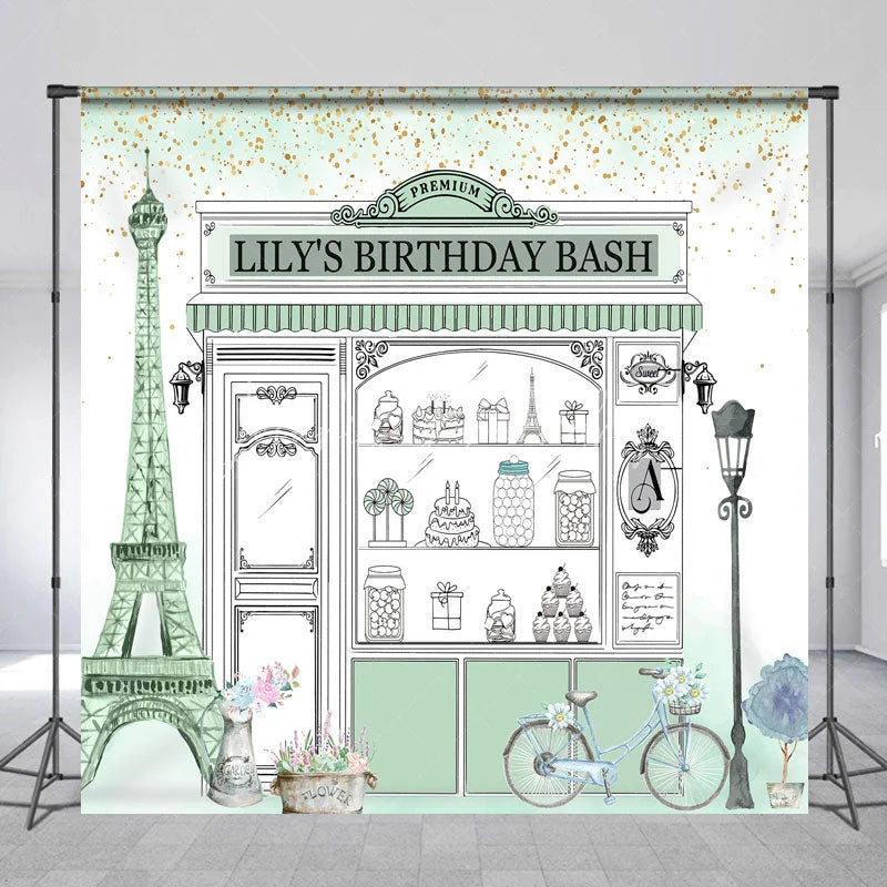 Lofaris Custom Parisian Storefront Birthday Backdrop Sweet Treats and Gold Glitter Party Decor