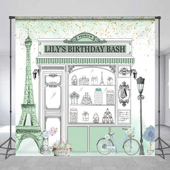 Lofaris Custom Parisian Storefront Birthday Backdrop Sweet Treats and Gold Glitter Party Decor