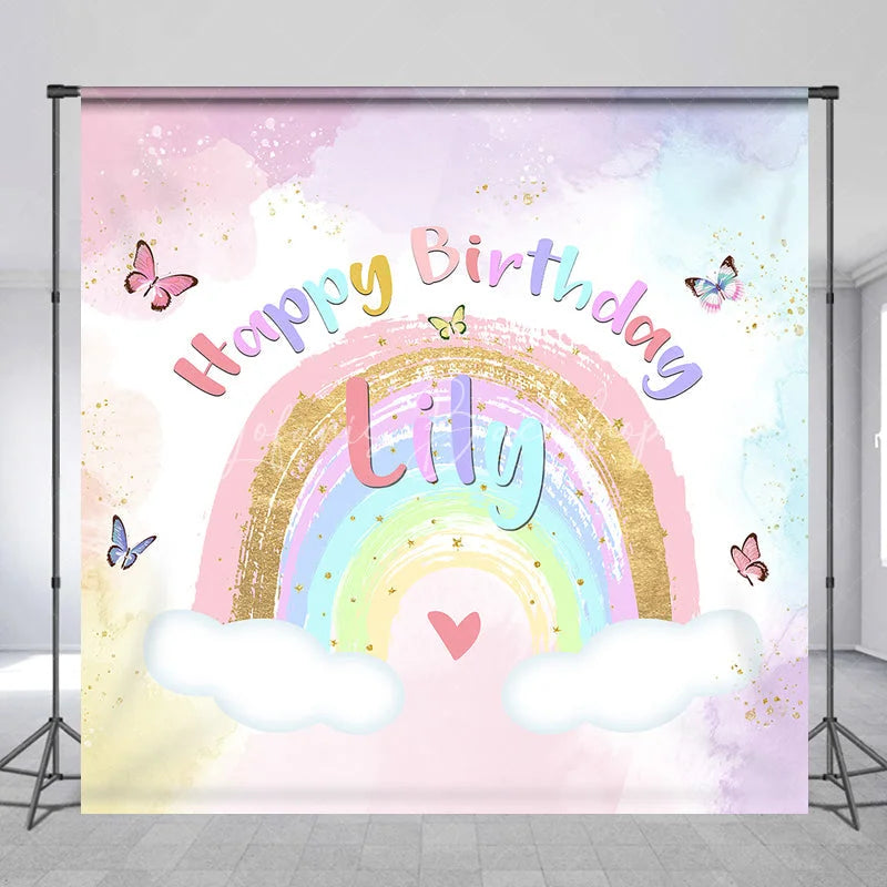 Lofaris Custom Pastel Rainbow Happy Birthday Backdrop with Gold Glitter Butterflies and Clouds for Kids Party