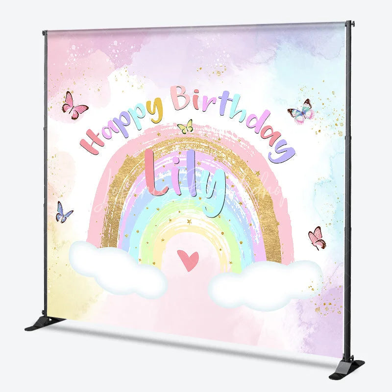 Lofaris Custom Pastel Rainbow Happy Birthday Backdrop with Gold Glitter Butterflies and Clouds for Kids Party