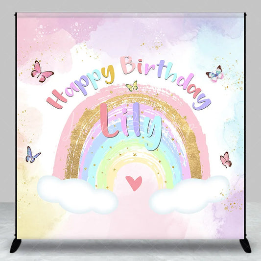Lofaris Custom Pastel Rainbow Happy Birthday Backdrop with Gold Glitter Butterflies and Clouds for Kids Party