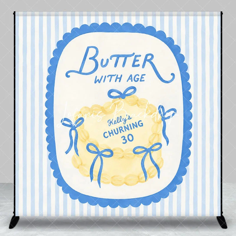 Lofaris Custom Personalized Blue and Yellow Striped Backdrop Elegant Butter with Age Cake Design for 30th Birthday Party.